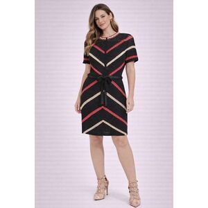 Nougat London Crochet Knit Dress Black Red Beige Short Sleeve Size 1 Belted